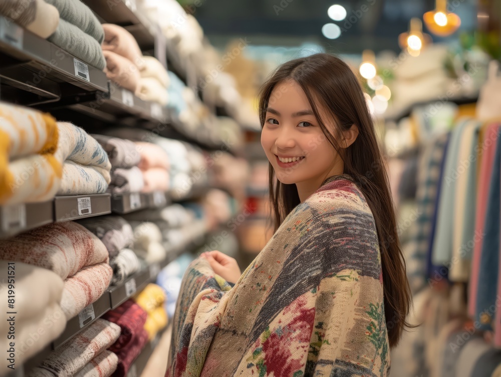 Smiling Woman Shopping for Blankets Smiling Woman Shopping for Blankets