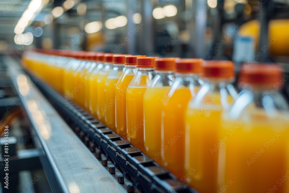 Fruit drink production line on conveyor system at beverage factory Fruit drink production line on conveyor system at beverage factory