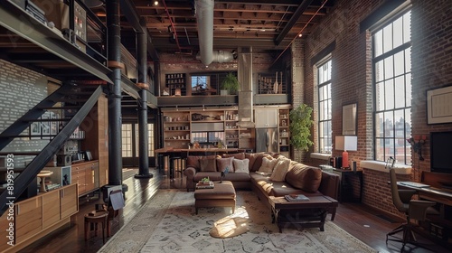 A living room with high ceilings and large windows. There is a couch, coffee table, rug, and several bookshelves in the room