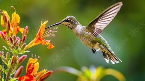 A hummingbird is flying in front of a blurred background of flowers.