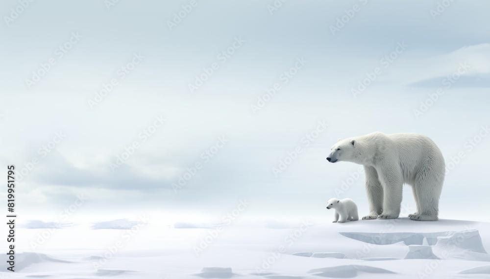 Polar bears walks in extreme winter weather, standing above snow with a view of the frost mountains Polar bears walks in extreme winter weather, standing above snow with a view of the frost mountains