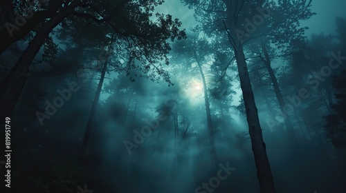 A dark forest with blue light shining through the trees. There is a bright white moon in the background.