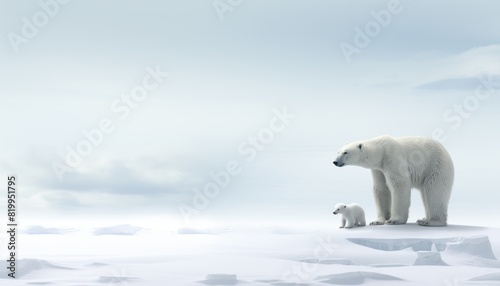 Polar bears walks in extreme winter weather  standing above snow with a view of the frost mountains