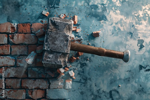 A hammer forcefully strikes a brick wall  creating impact and cracks in the surface