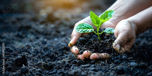 Farmer holding a sprouting plant in fertile soil caring for the environment. Concept Farming, Agriculture, Environment, Plant Care, Sustainable Practices photo