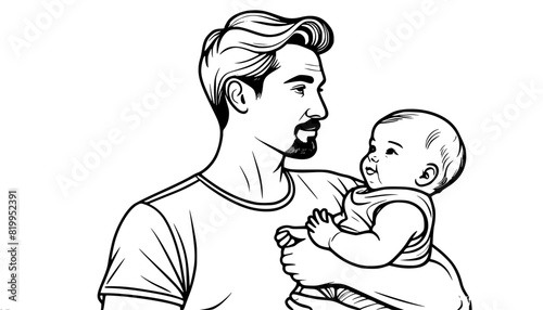 portrait, man, father in a T-shirt carefully holds a chubby baby in his arms, tenderness and parental care, caring for a baby, one-line vector drawing