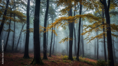 Awe-inspiring fog-laden woodland, exuding an air of mysticism and wonder.