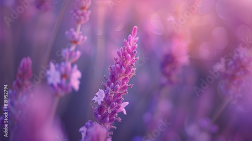  lavender flowers in focus with a blurred background of more lavender flowers.