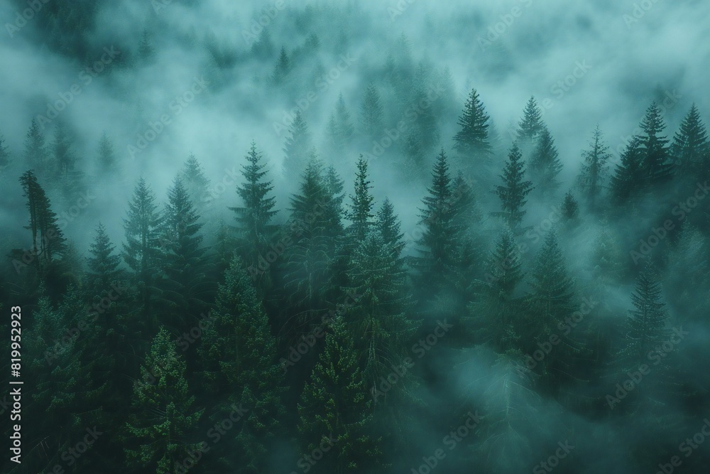 Digital artwork of many pine trees stand on a fog filled forest, high quality, high resolution