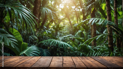Backdrop of lush jungle foliage with a rustic wooden table in the foreground