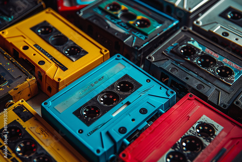 A collection of old-school cassette tapes with colorful, pop art-style labels.