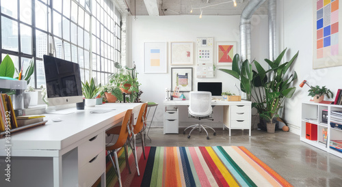 A modern home office with a colorful striped rug  a white desk and chairs  wooden shelves on the wall with books  potted plants around the room  bright lighting from windows  vibrant colors