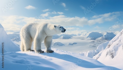 Polar bears walks in extreme winter weather, standing above snow with a view of the frost mountains