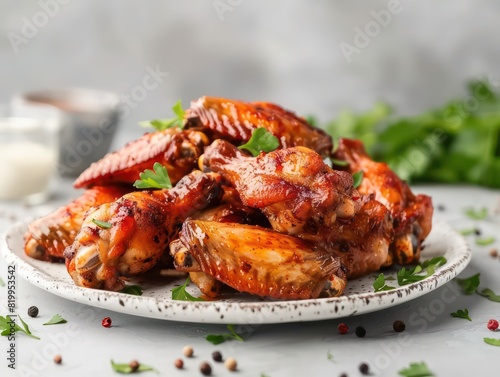 spicy chicken wings fried on a table with a natural lighting background 