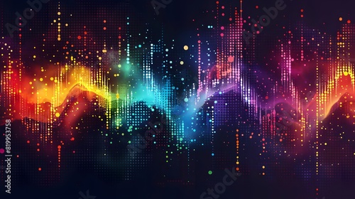 A background with colorful sound waves and dots, representing the concept of music visualization in data science. 