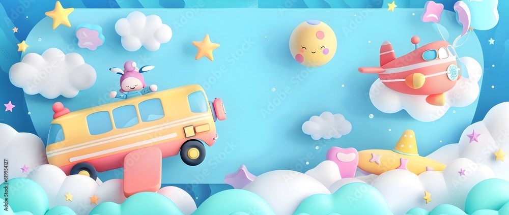 Obraz premium Whimsical Cartoon Airplane Flying Through Pastel Clouds and Starry Sky