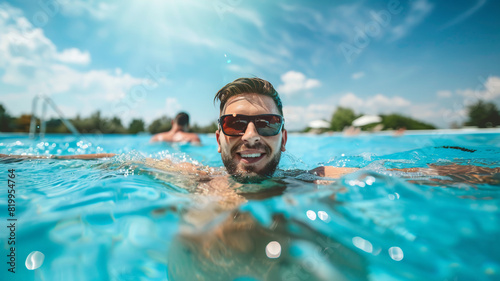 Handsome man in sunglasses in water close-up