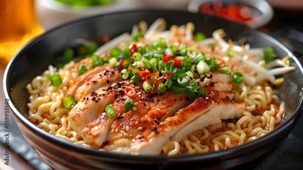 A bowl of ramen noodles with chicken, green onion and red chile sits in an Asian restaurant setting, in the style of an Asian restaurant.
A bowl of ramen noodles with chicken, green onion and red chile sits in an Asian restaurant setting, in the style of an Asian restaurant.