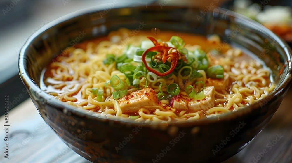 A bowl of ramen noodles with chicken, green onion and red chile sits in an Asian restaurant setting, in the style of an Asian restaurant.
A bowl of ramen noodles with chicken, green onion and red chile sits in an Asian restaurant setting, in the style of an Asian restaurant.