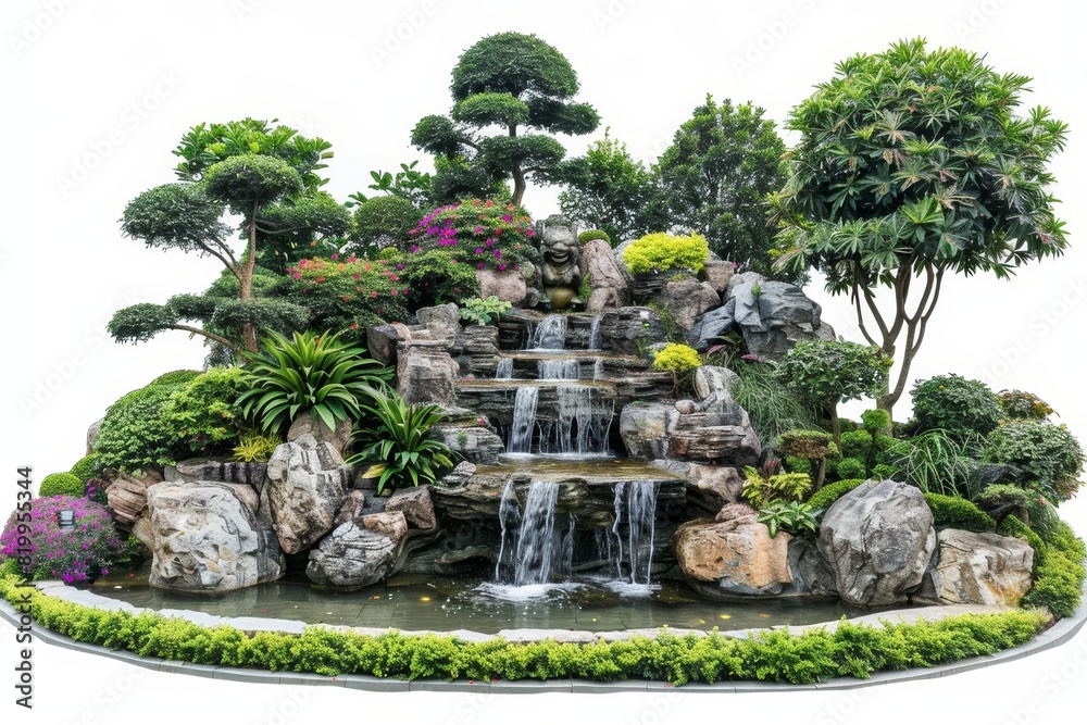 A luxurious garden with intricate landscaping and water features as an affluence showcase.,space for text,,isolated on white background