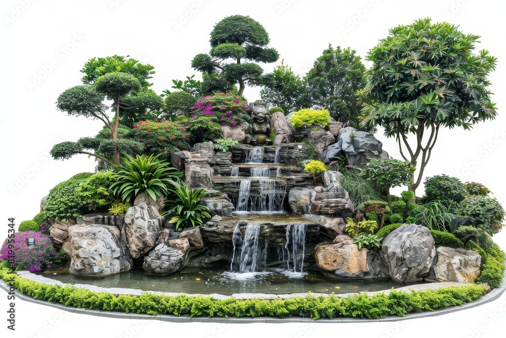 A luxurious garden with intricate landscaping and water features as an affluence showcase.,space for text,,isolated on white background A luxurious garden with intricate landscaping and water features as an affluence showcase.,space for text,,isolated on white background