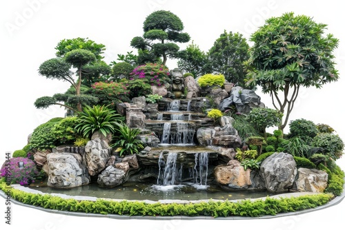 A luxurious garden with intricate landscaping and water features as an affluence showcase.,space for text,,isolated on white background