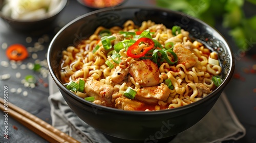 A bowl of ramen noodles with chicken, green onion and red chile sits in an Asian restaurant setting, in the style of an Asian restaurant. 