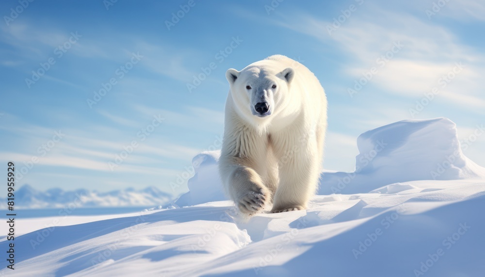 Polar bears walks in extreme winter weather, standing above snow with a view of the frost mountains Polar bears walks in extreme winter weather, standing above snow with a view of the frost mountains