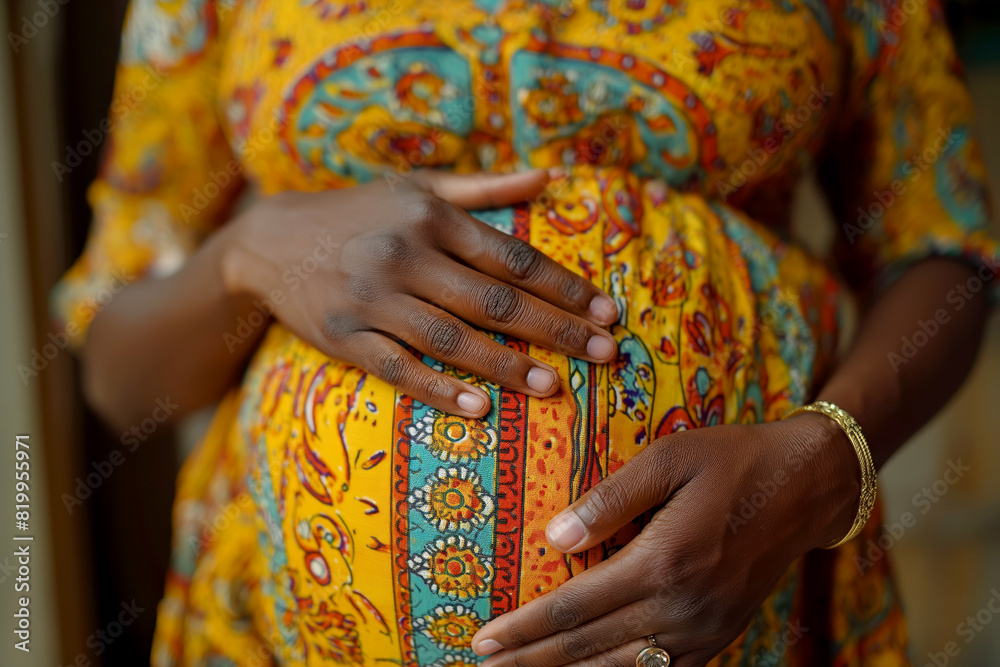 Expectant mother in traditional indian dress. A close-up image highlighting the beauty of pregnancy and cultural attire. Ideal for maternity, health, and cultural diversity projects