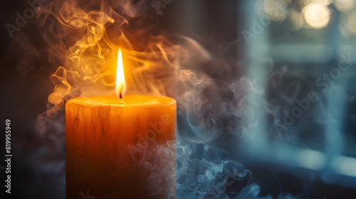 A candle with smoke rising from the wick, symbolizing warmth and tranquility.
 photo