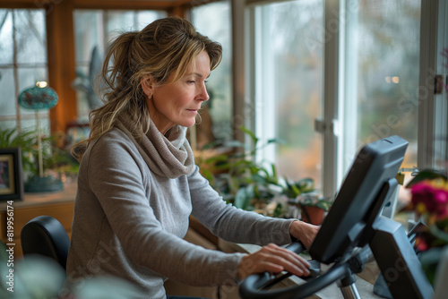Focused middle-aged woman using stationary bike at home. A perfect image for health  fitness  and home workout themes. Ideal for articles  ads  and social media