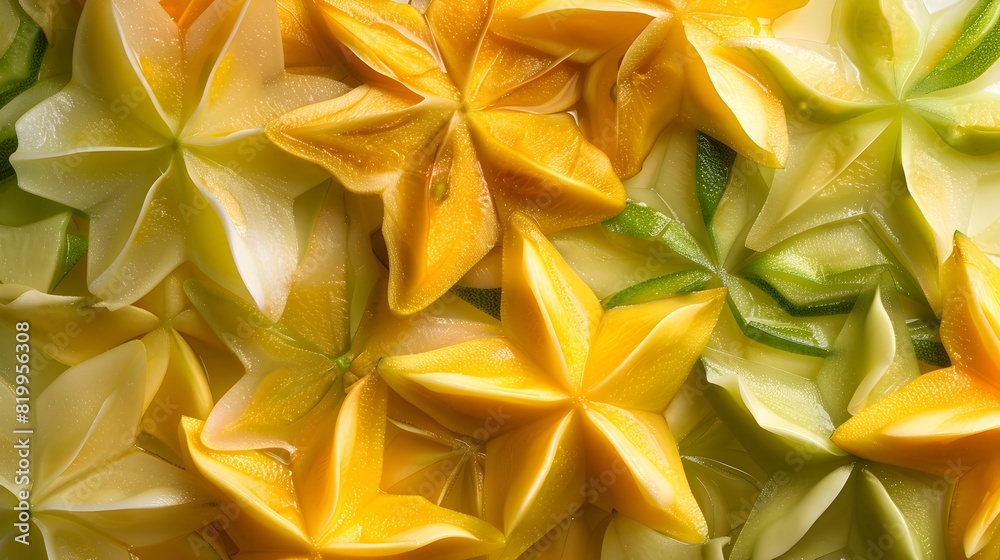 Starburst Design of Star Fruit and Mango Slices Highlighting Their Vibrant Colors Starburst Design of Star Fruit and Mango Slices Highlighting Their Vibrant Colors