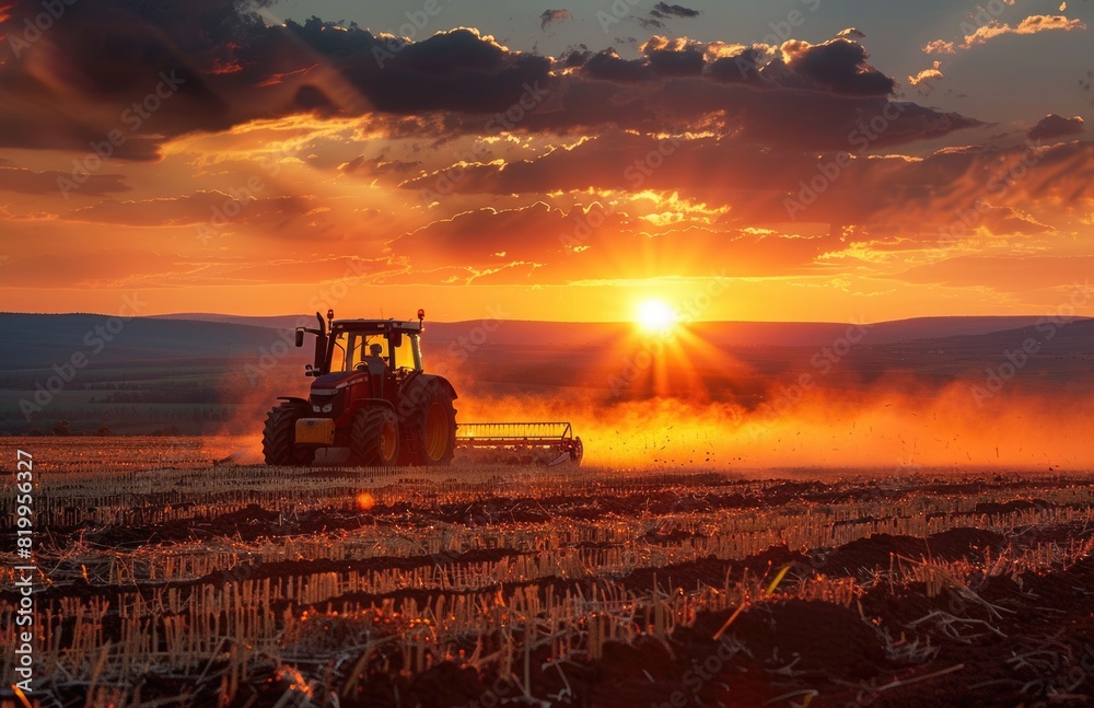 Fototapeta premium The tractor at work - plowing the field to ready it for crops, a symbol of agricultural progress and the relentless effort of farmers to ensure productive harvests.