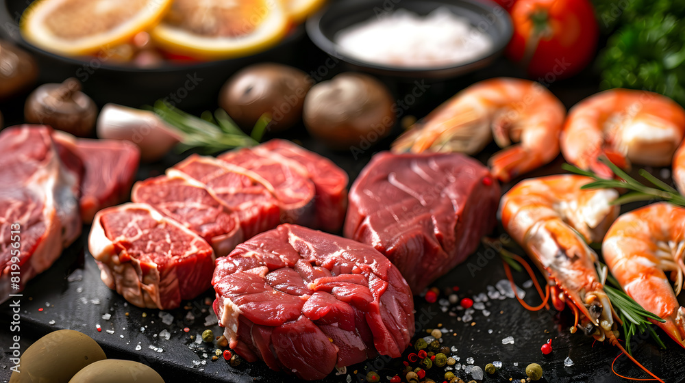 Close-up of an online menu featuring prime cuts of steak and seasoned seafood, highlighting quality and appeal Close-up of an online menu featuring prime cuts of steak and seasoned seafood, highlighting quality and appeal