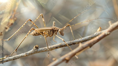 A close up photograph of an assassin bug on a branch. The assassin bug is in focus, while the background is blurred. The assassin bug is brown and has long, thin legs. photo