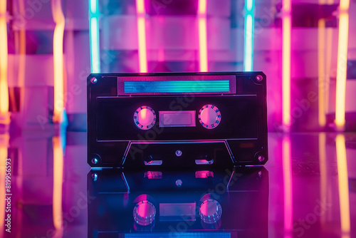 A crisp, high-definition image of a vintage cassette tape with neon colors and bold patterns.