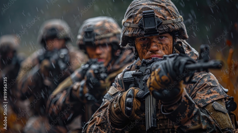 USA army soldiers in road in war duty rainfalls view USA army soldiers in road in war duty rainfalls view