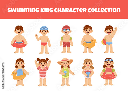 Swimming kids character vector illustration set