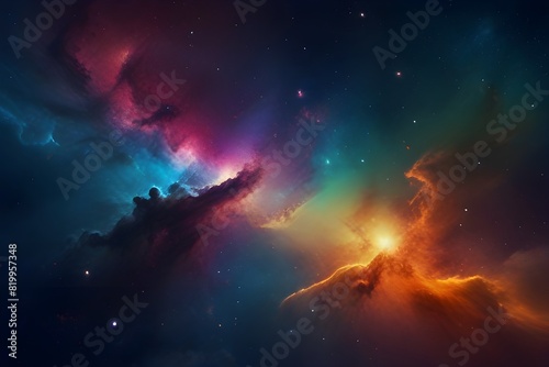 Colorful space galaxy cloud nebula. Stary night cosmos. Universe science astronomy. Supernova background rainbow wallpaper red purple blue dark black orange green