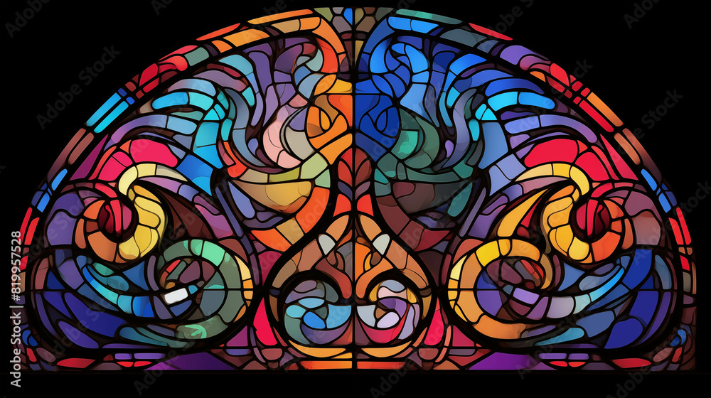 Stained glass window with abstract pattern in bright colors.