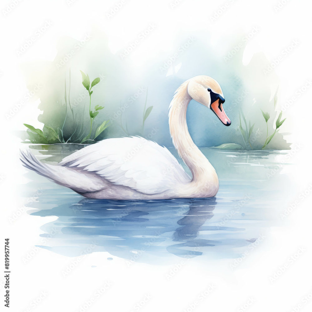 Fototapeta premium Elegant white swan gliding gracefully on a serene pond, surrounded by nature and tranquil water reflections.