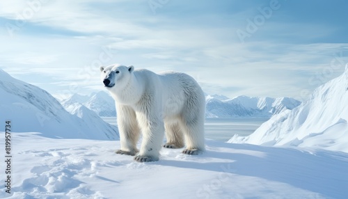 Polar bears walks in extreme winter weather, standing above snow with a view of the frost mountains