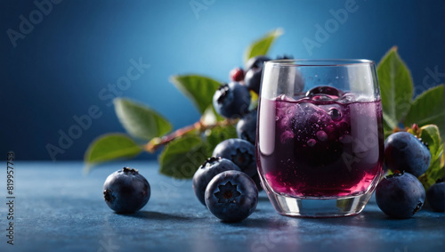 Blueberry juice on blue background concept.