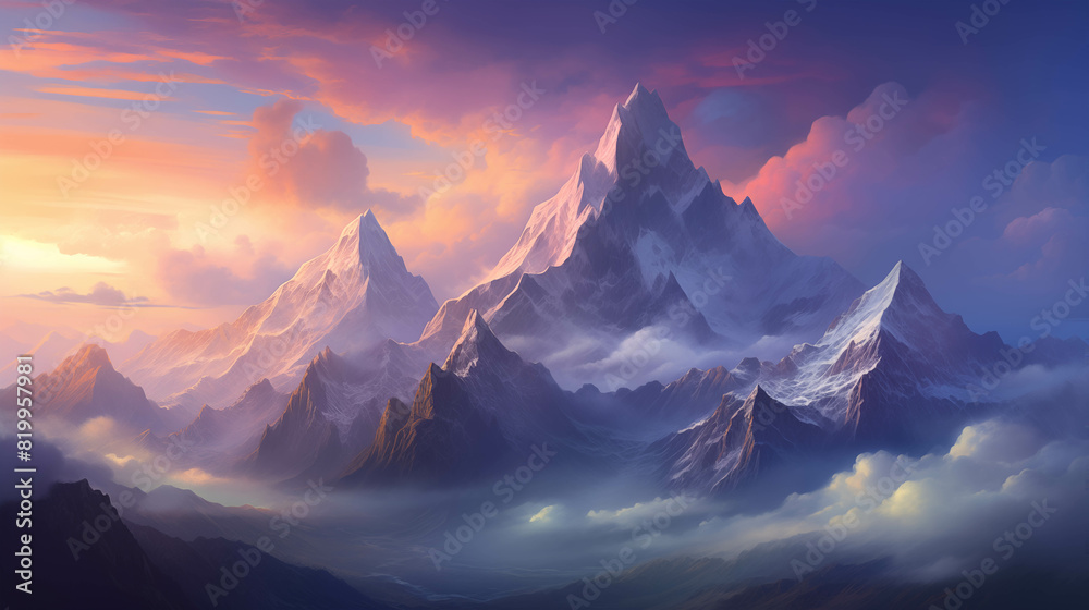 Snowy peaks of the Himalayas pierce a vibrant sunrise sky in this breathtaking mountain landscape