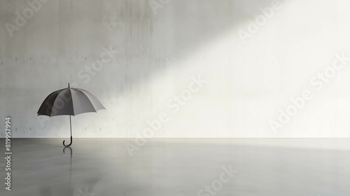 Minimalist image of a single black umbrella standing on a polished concrete floor against a white wall under diagonal sunlight.