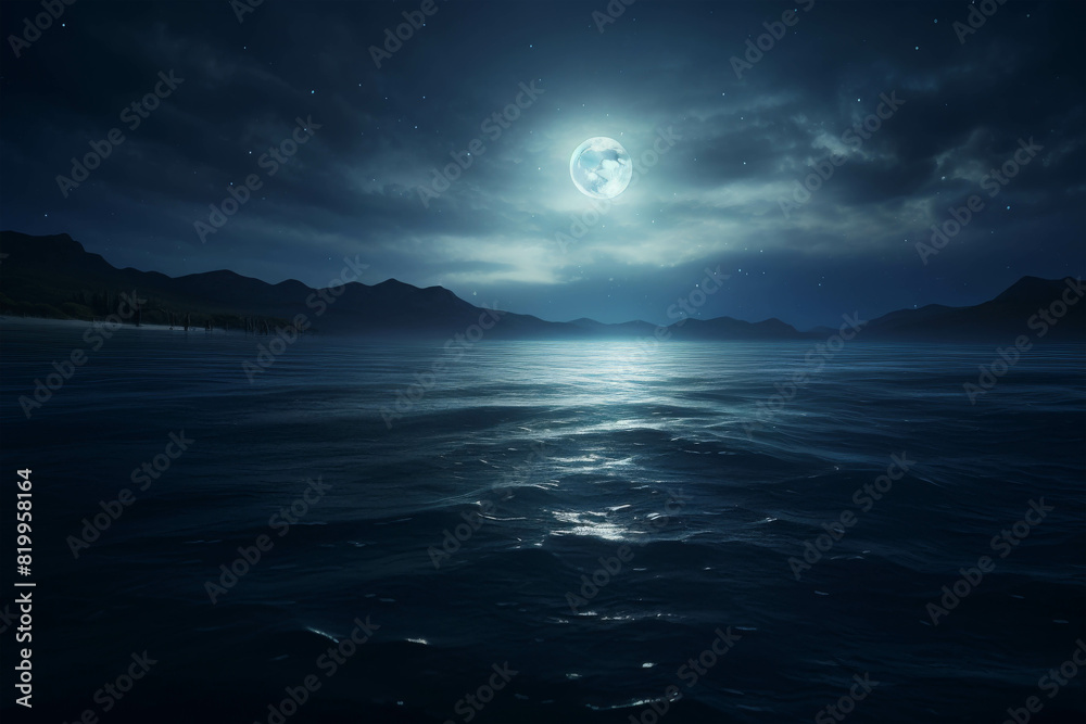 Peaceful moonlit ocean with calm waves and cloudy sky, offering a serene and tranquil night scene perfect for relaxation themes. Peaceful moonlit ocean with calm waves and cloudy sky, offering a serene and tranquil night scene perfect for relaxation themes.