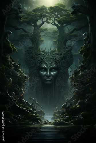 Mystical forest with an ethereal face sculpted in the trees  evoking a sense of wonder and enchantment in this captivating fantasy landscape.