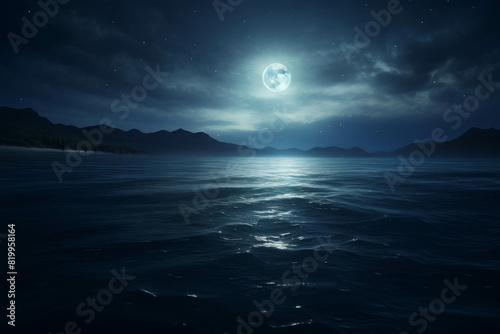 Peaceful moonlit ocean with calm waves and cloudy sky, offering a serene and tranquil night scene perfect for relaxation themes.