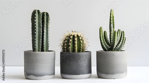 Sleek Modernity: A Trio of Symmetrical Cacti Gracefully Adorn a Minimalist White Backdrop photo