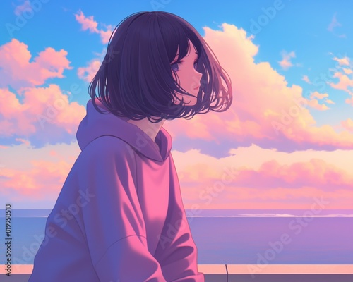 Anime-style illustration girl black hair pink hoodie standing ocean sunset sky purple blue